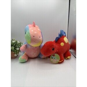 x2 Dinosaur Plush Toys Baby 11" Dino Nursery Pink & Red Pair Hug Fun NWT Gift